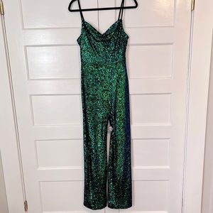 Lulu’s - Dancing to the Music Green Iridescent Sequin Wide-Leg Jumpsuit - Size M